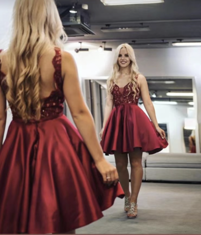 Dark Red Homecoming Dresses V Neck