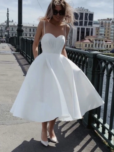 Spaghetti Straps Prom Dresses Tea Length White