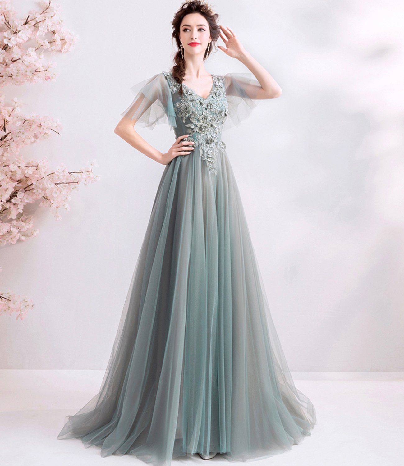 Gray tulle lace long prom dress A line evening dress