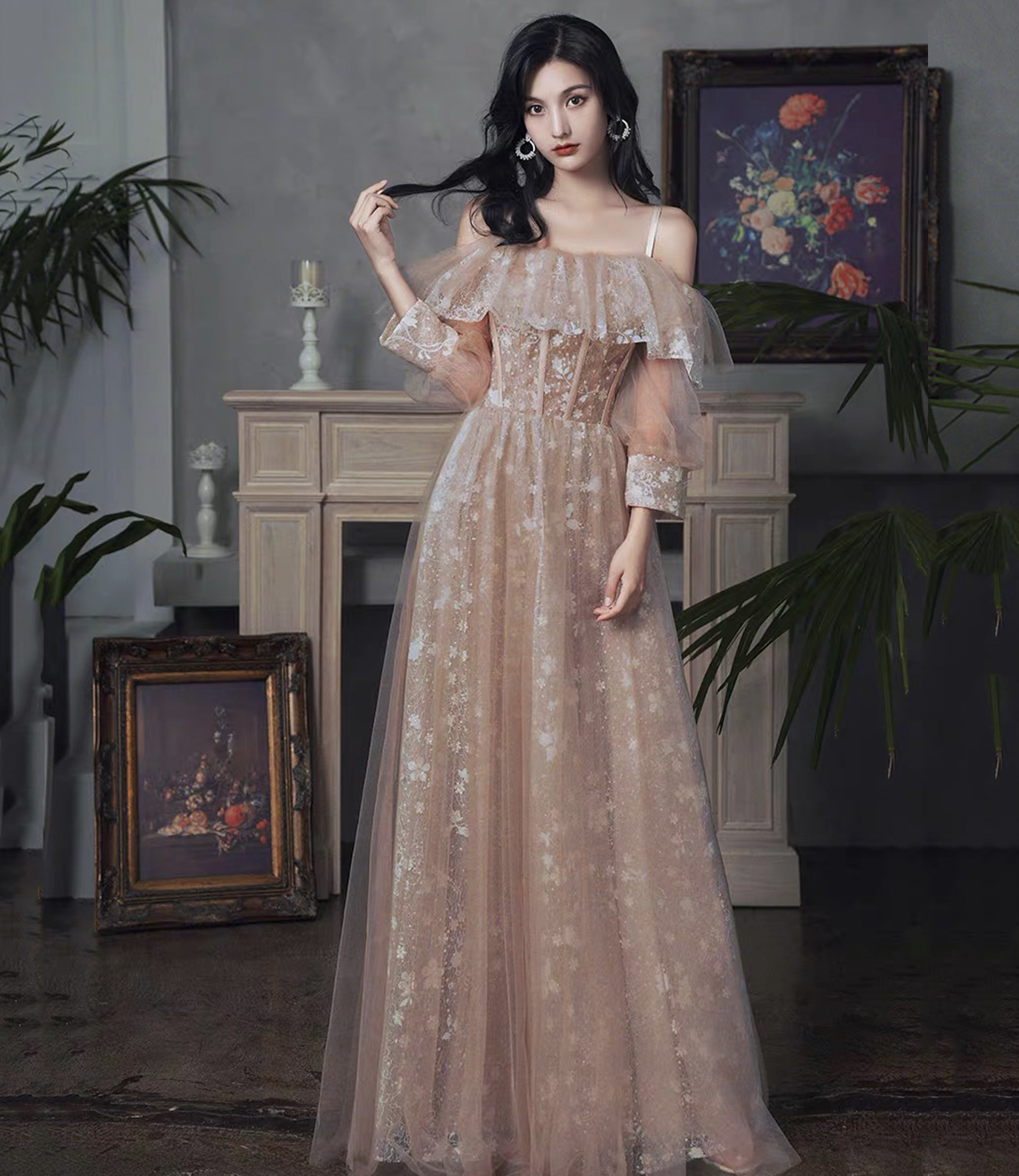 Cute tulle lace long prom dress A line evening dress