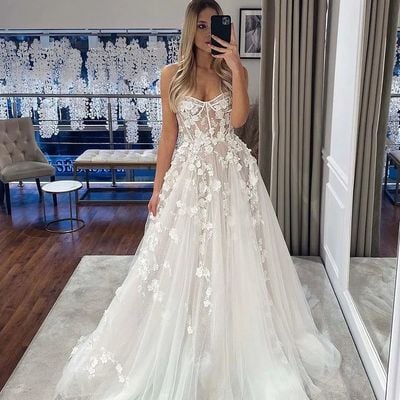 Princess a-line sweetheart white tulle wedding dresses with lace appliques - Thumbnail 1