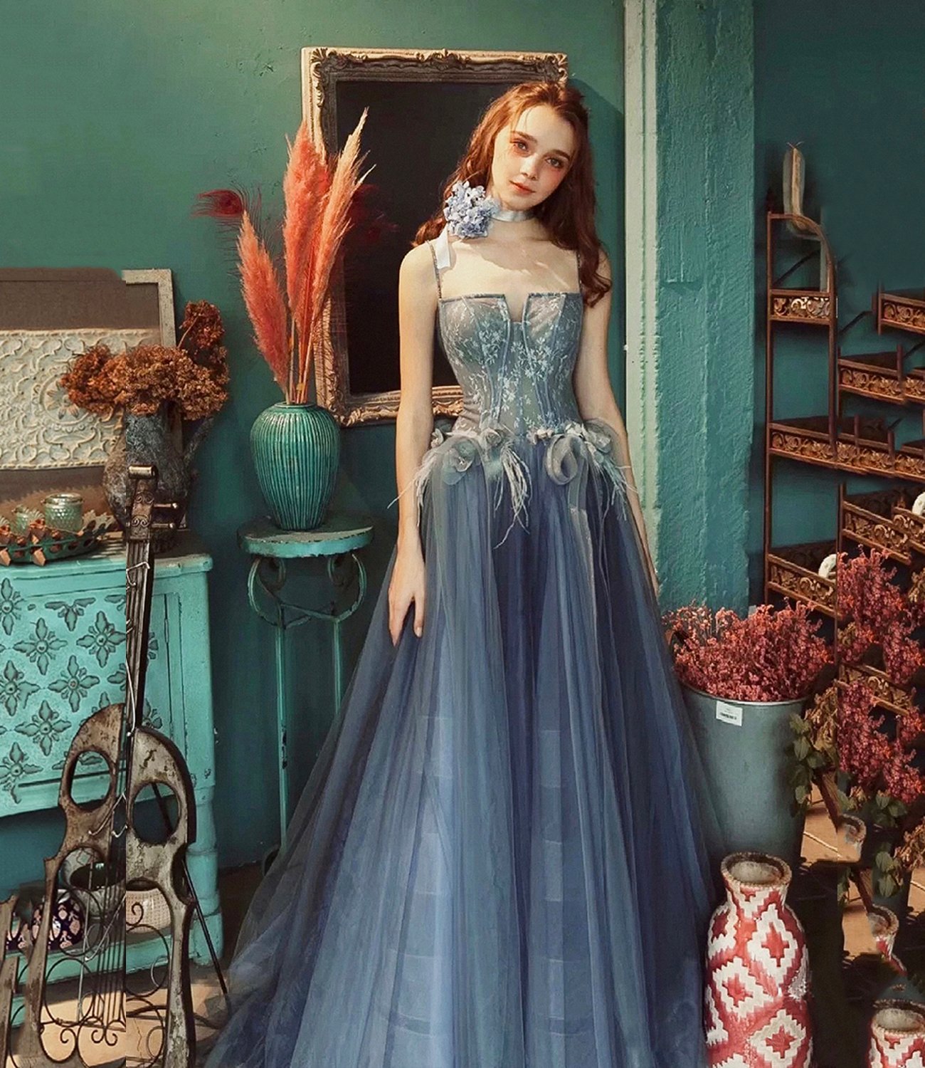 Gray blue tulle lace long prom dress A line evening gown