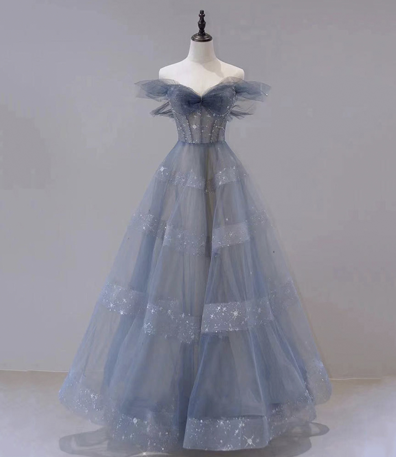 Blue tulle long A line prom dress blue evening dress