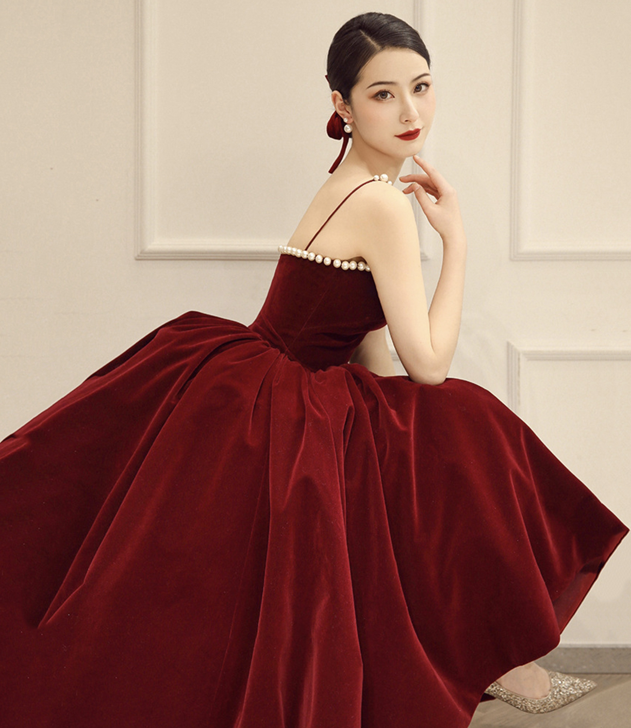Stylish velvet short prom dress burgundy evening dress