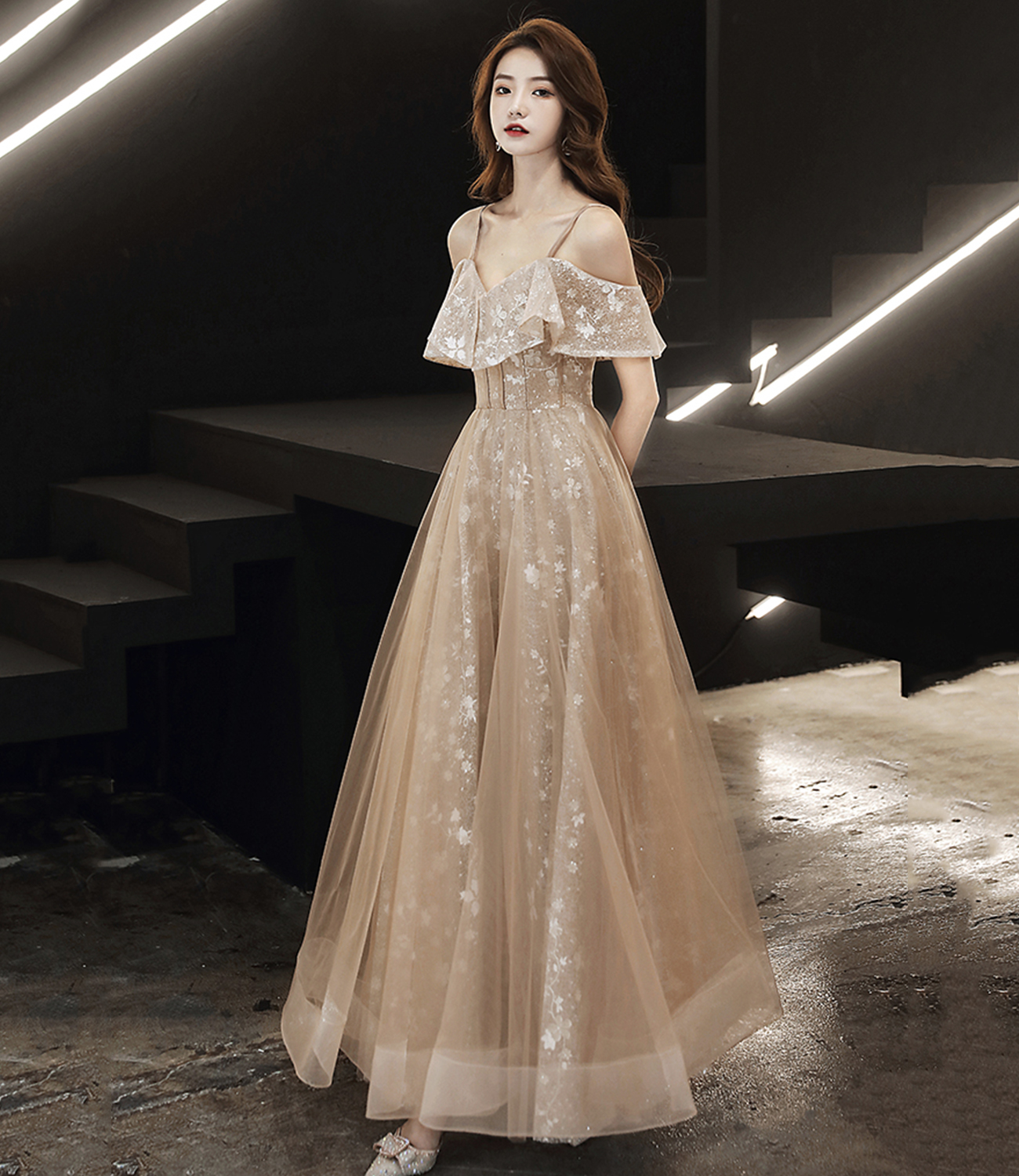 Cute tulle lace long prom dress A line evening dress