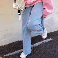 Pastel Pink Heart Embroidery Jeans Denim Pants - Thumbnail 1