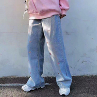 Pastel Pink Heart Embroidery Jeans Denim Pants - Thumbnail 2