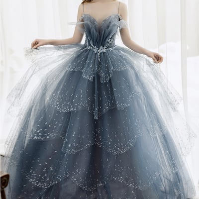 Blue tulle beads long ball gown dress formal dress - Thumbnail 4