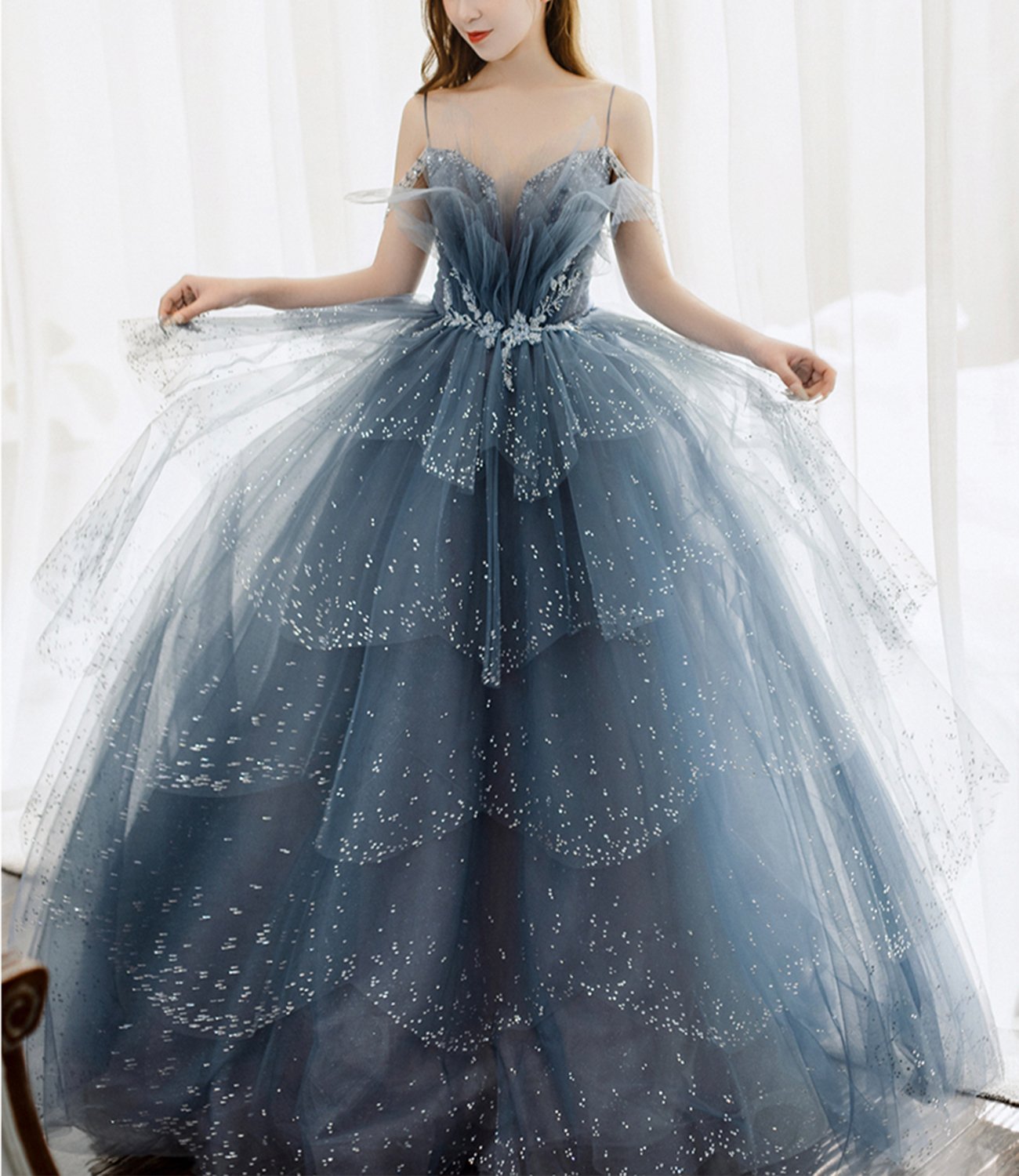 Blue tulle beads long ball gown dress formal dress