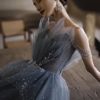 Blue tulle beads long ball gown dress formal dress - Thumbnail 1