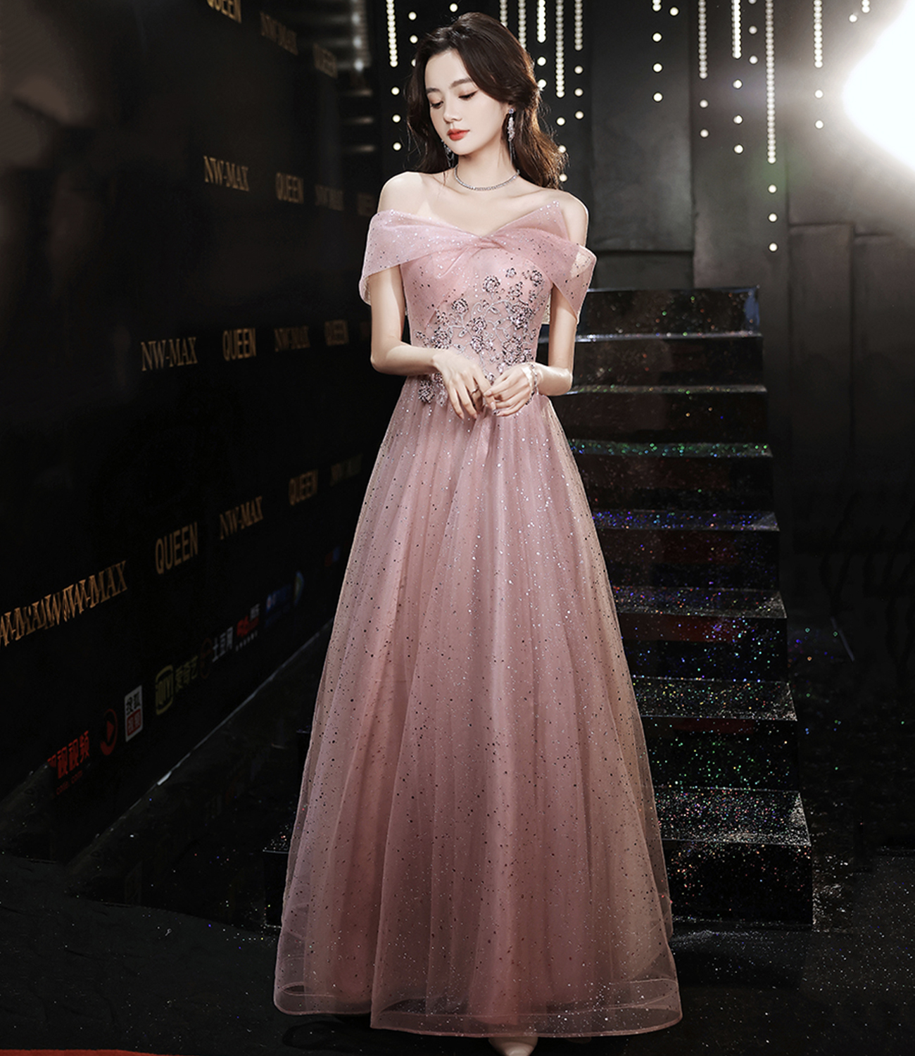 Pink tulle sequins long prom dress pink evening dress