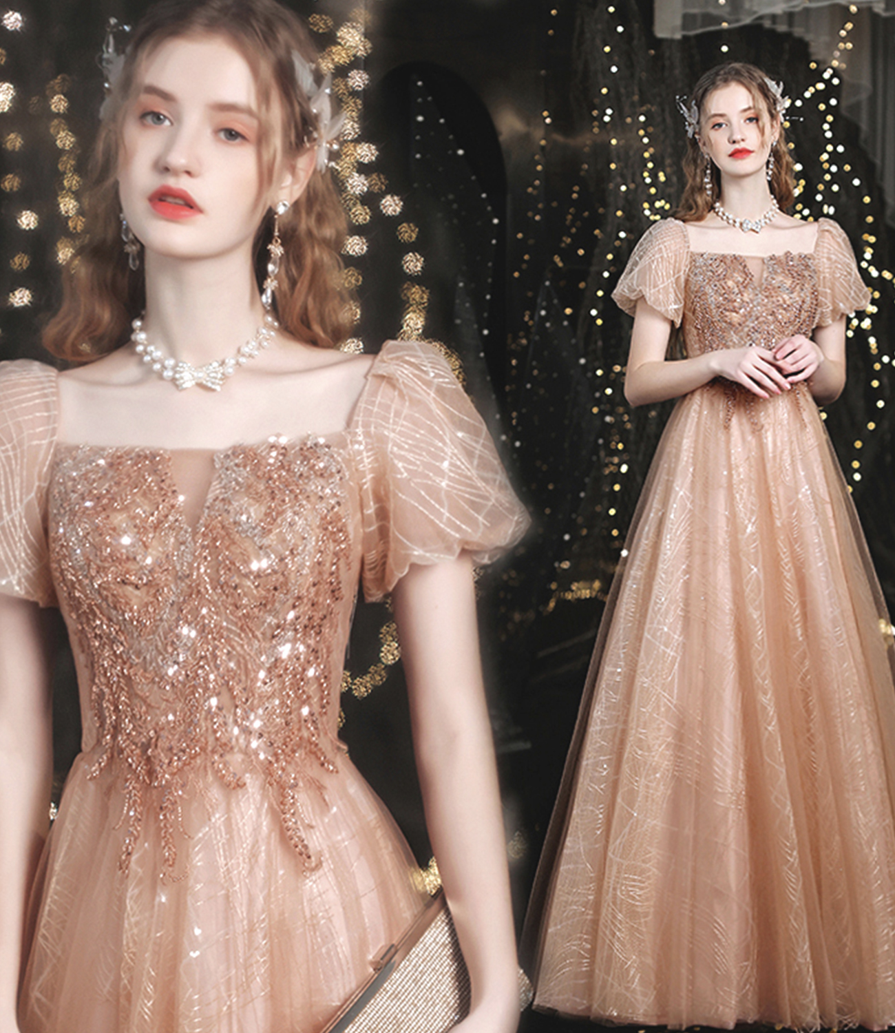 Cute tulle beads long prom dress A line evening dress