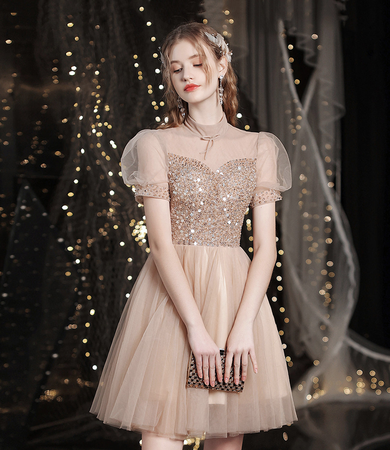 Cute tulle beads short prom dress homecoming dress