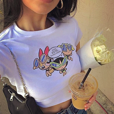 Cartoon Powerpuff Girls Print Crop Tee