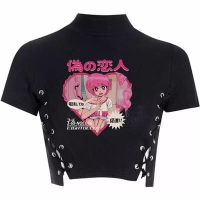 Black Anime Girl Cartoon Print Turtleneck Lace Up Short Sleeve Shirt Crop Top Punk Goth Summer Aesthetic Casual E-Girl Kawaii Korean Japanese Harajuku