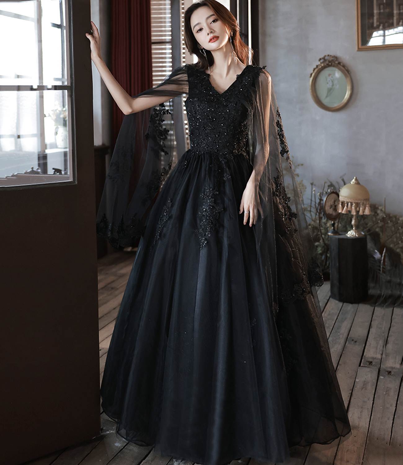 Black v neck lace long prom dress A line evening dress