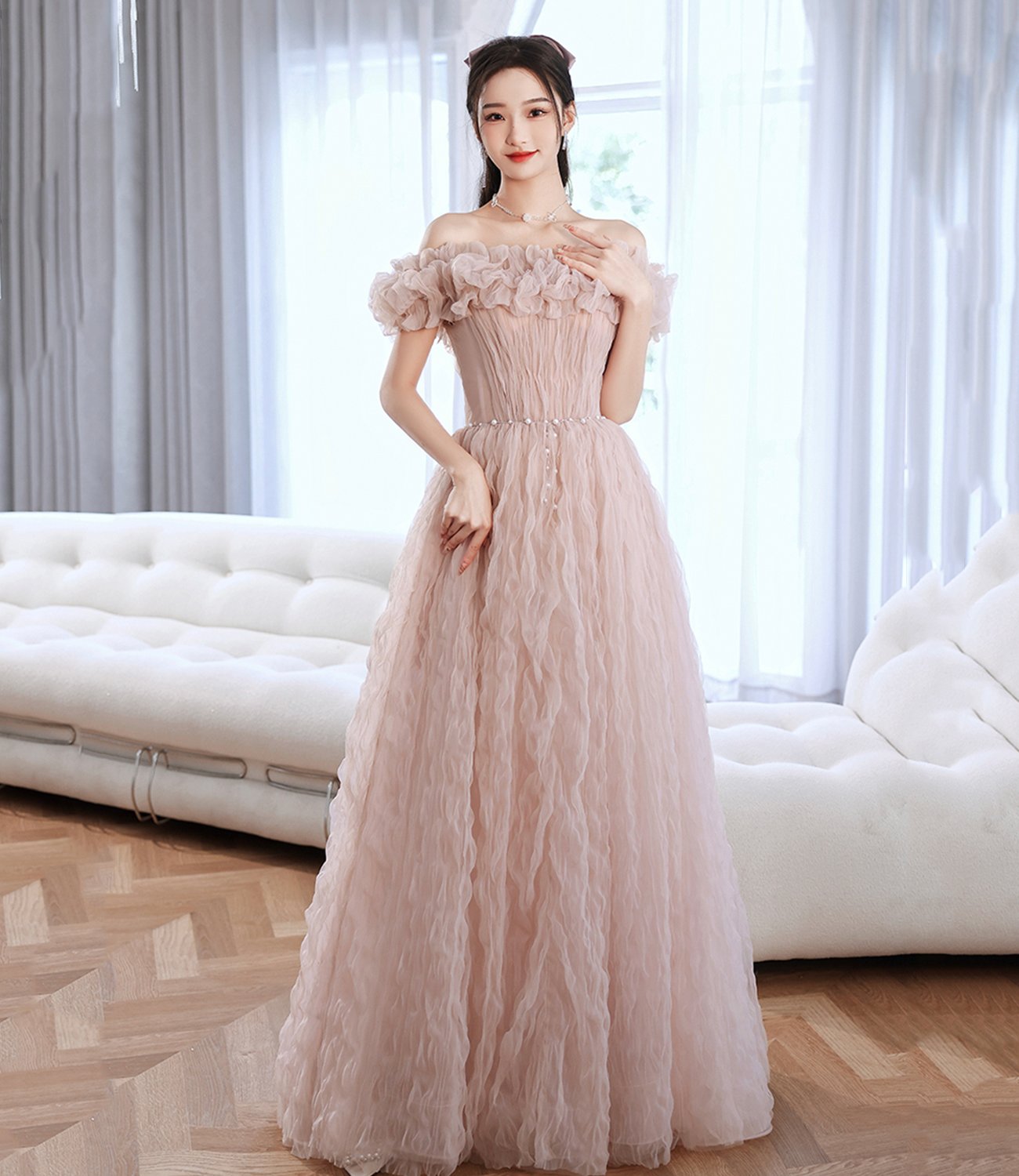 Pink tulle long prom dress pink evening dress