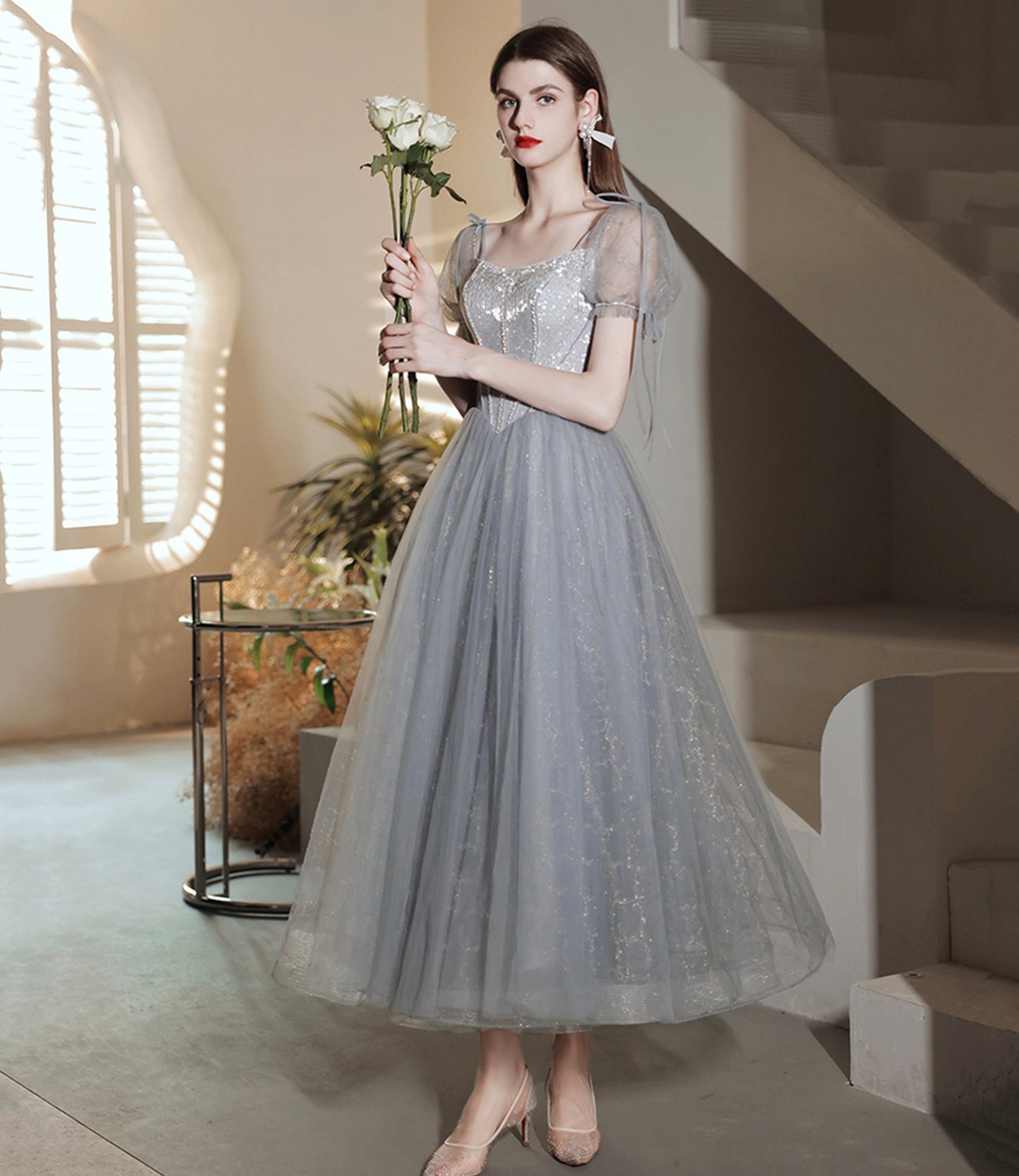 Gray tulle beads short prom dress A line evening dress