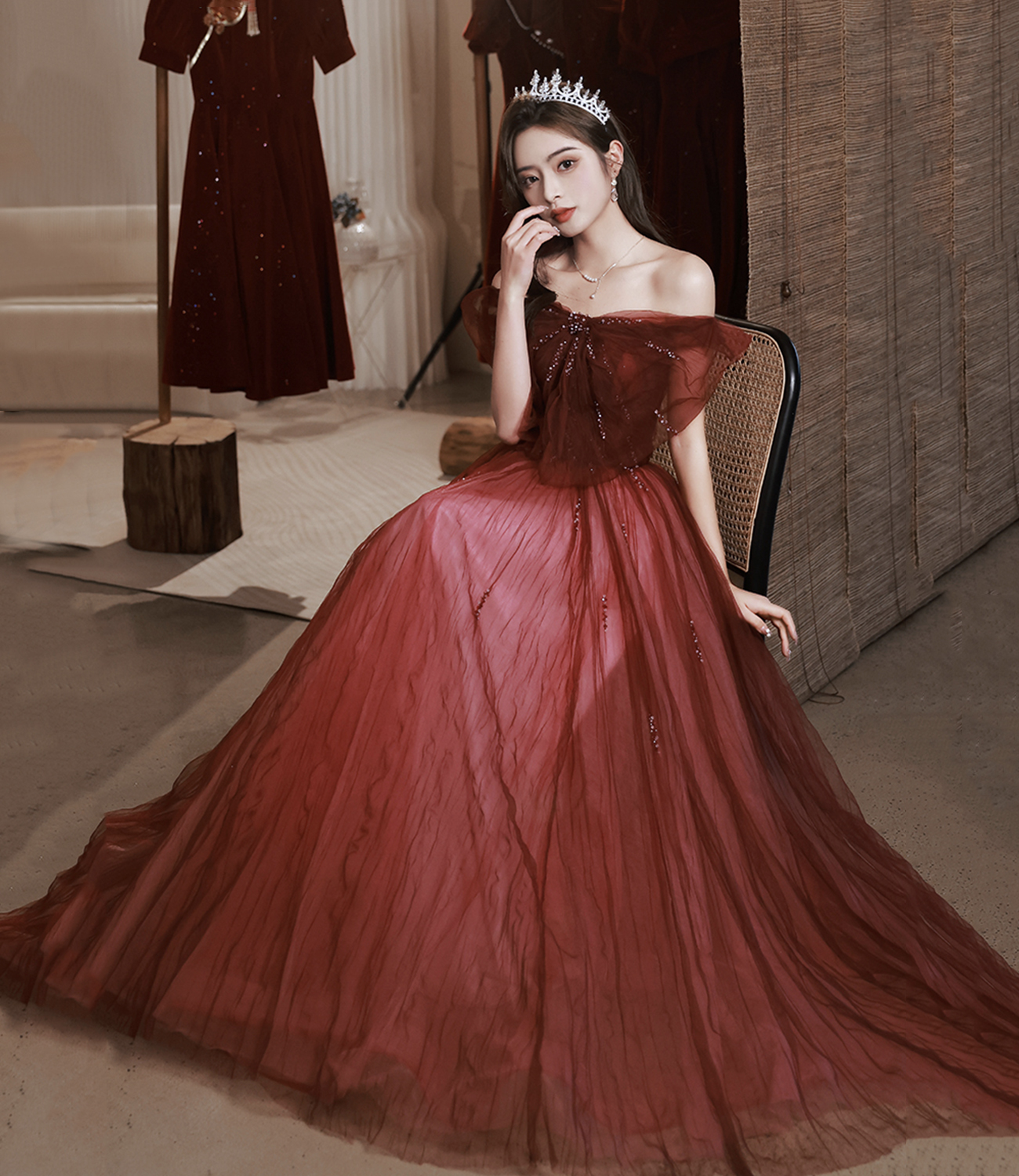 Burgundy tulle long prom dress A line evening dress