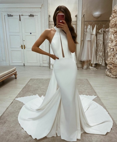 Long halter neck mermaid zipper back satin ivory wedding dress,844