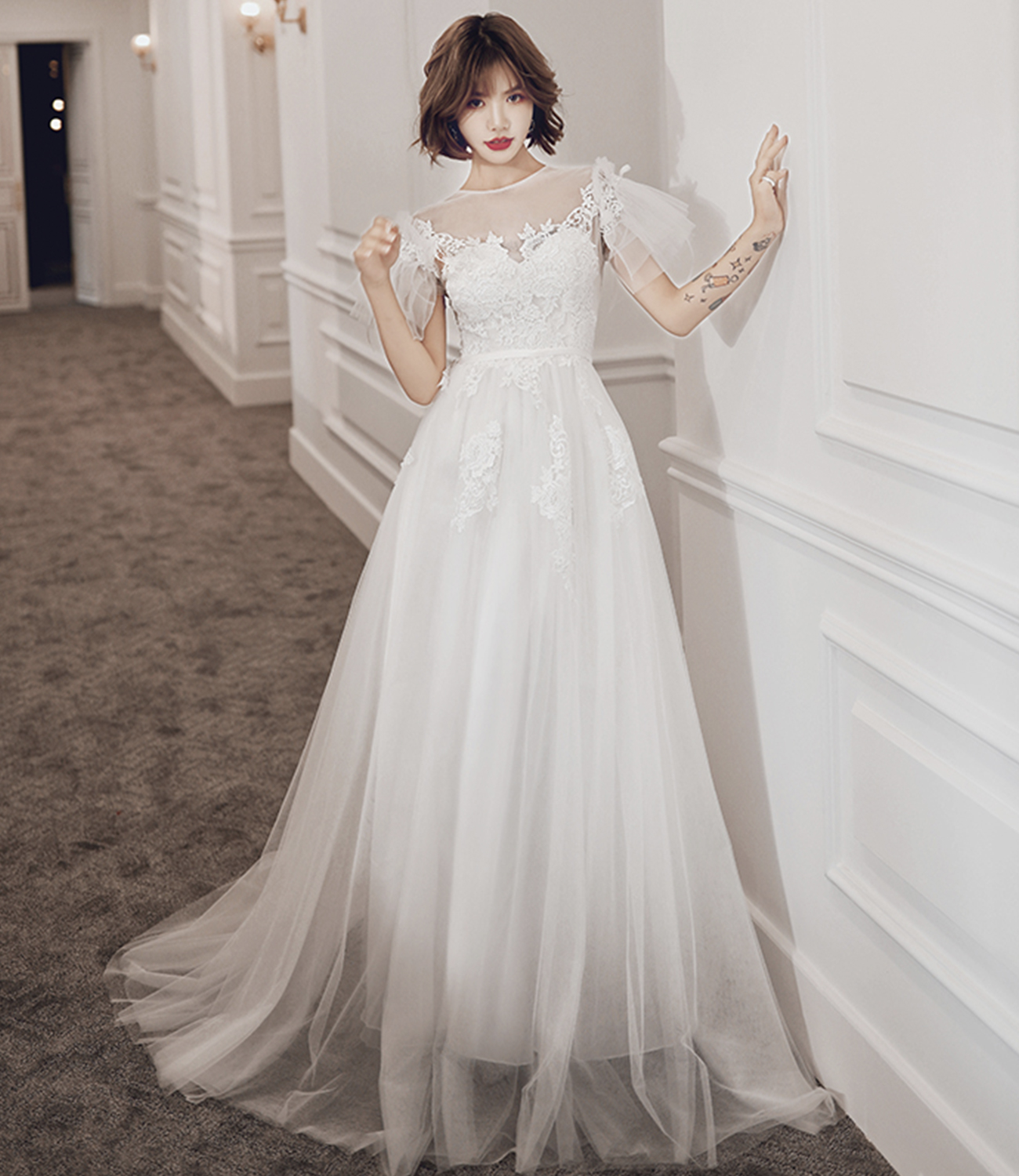 White tulle lace long prom dress A line evening dress