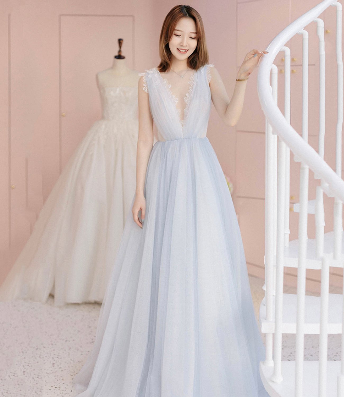 Cute v neck tulle long prom dress A line evening dress