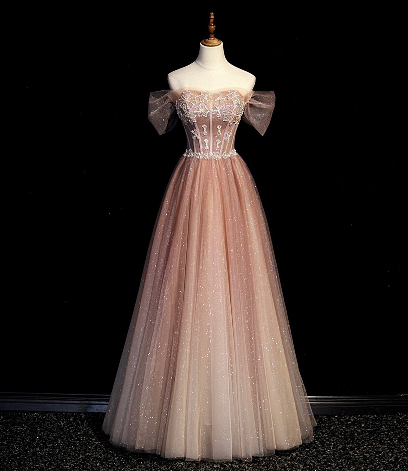 High quality tulle beads long prom dress A line evening dress