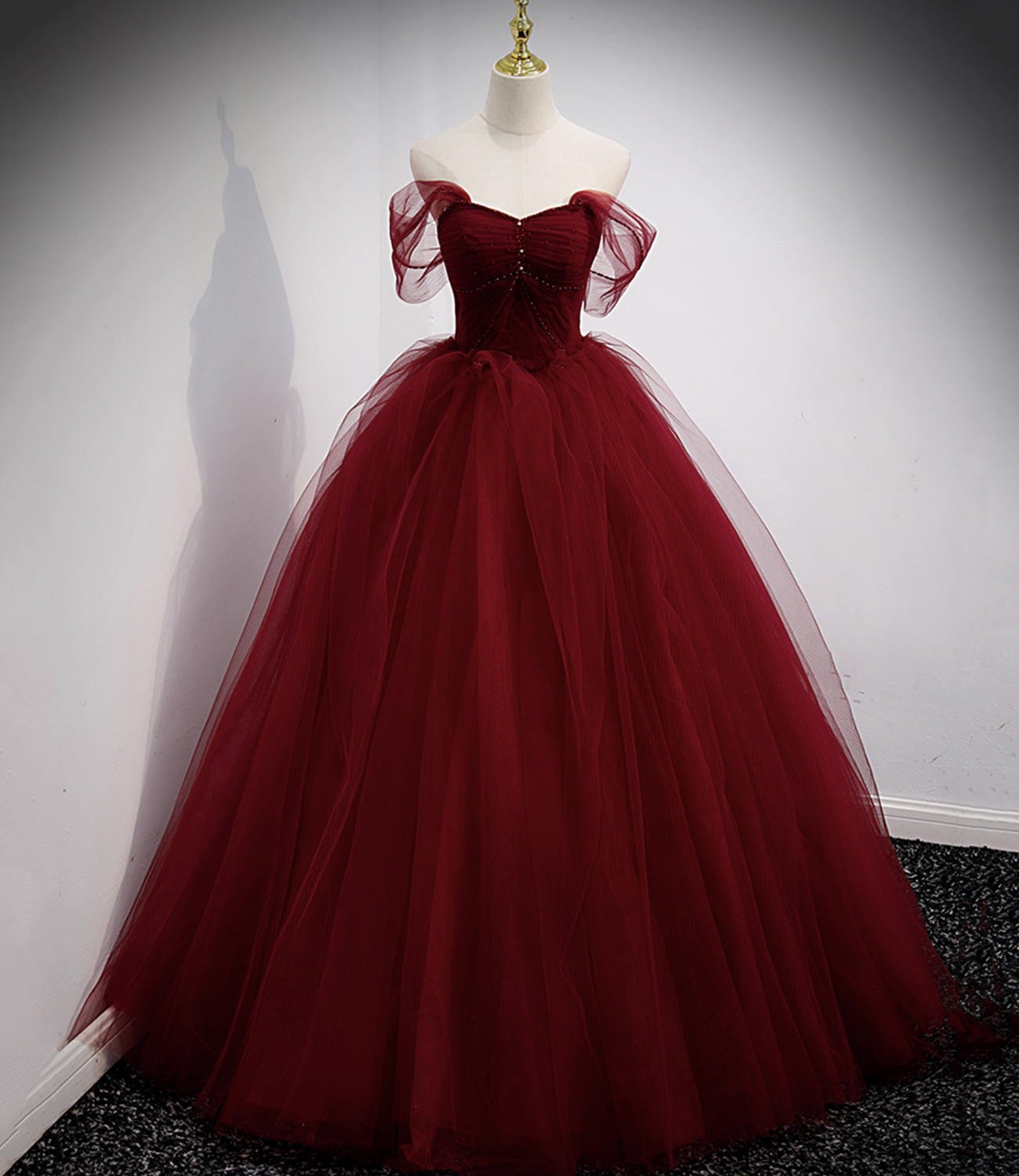 Burgundy tulle leong prom dress A line evening dress