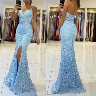 Sky Blue Lace Prom Dresses Mermaid Spaghetti Straps