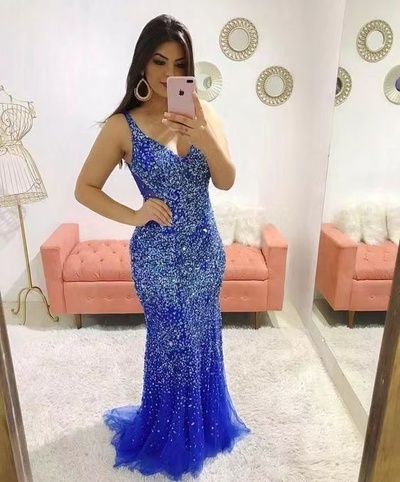 V Neck Prom Dresses with Rhinestones Royal Blue