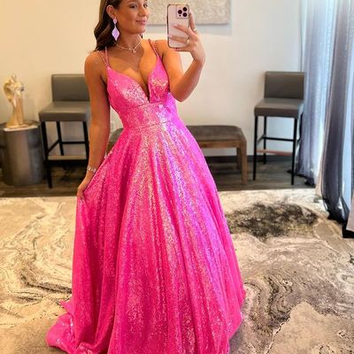 Sparkly hot pink ball gown sequins prom dress with straps - Thumbnail 2