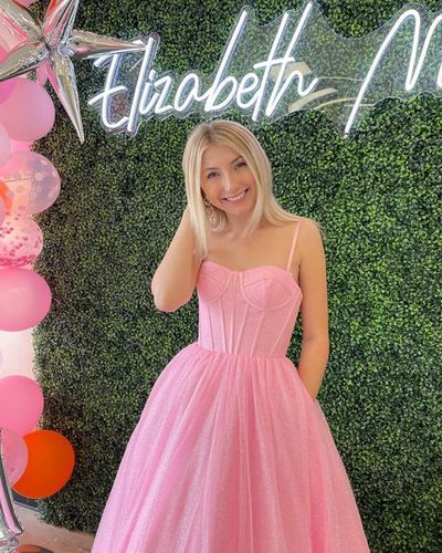 Sweet Ball Gown Sweetheart Pink Satin Prom Dress with Glitter Tulle
