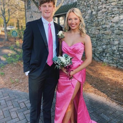 Sweet mermaid pink satin long prom dress with bow - Thumbnail 3