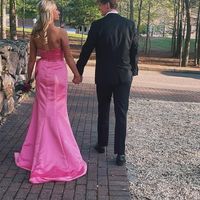 Sweet Mermaid Pink Satin Long Prom Dress with Bow - Thumbnail 1