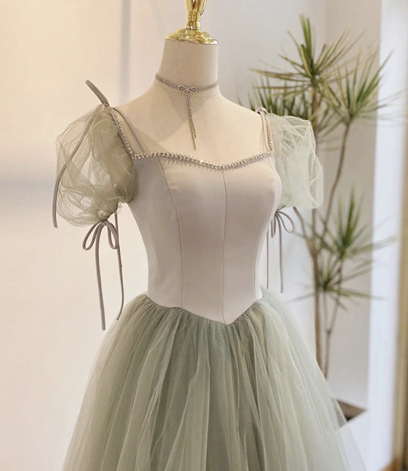 Green satin tulle long prom dress A line evening dress