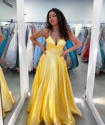 SP2075,Cheap A-Line Yellow Prom Dresses V-Neck Long Evening Party Dress