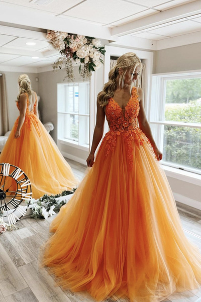SP2078,Elagant orange v-neck tulle prom dresses a line beaded evening formal dress open back long prom dress