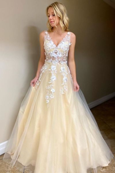 SP2081,Light yellow a-line prom dresses,floral v-neck tulle evening formal dress