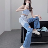 Hot Cool Summer High Waist Gradient White Blue Loose Wide Leg Trouser Pant Ripped Denim Jeans - Thumbnail 4
