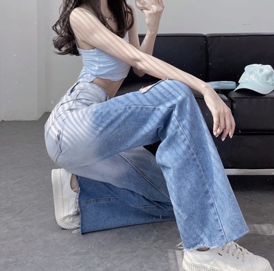 Hot Cool Summer High Waist Gradient White Blue Loose Wide Leg Trouser Pant Ripped Denim Jeans