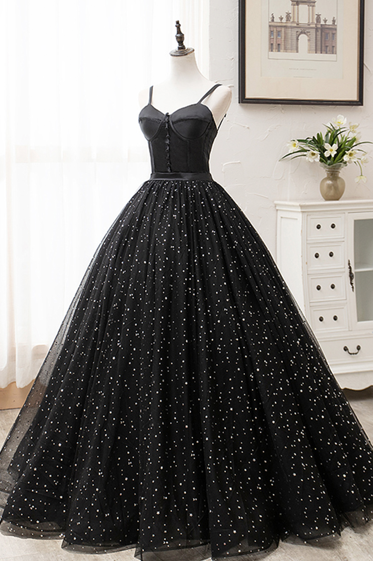 Black tulle long ball gown dress black formal dress