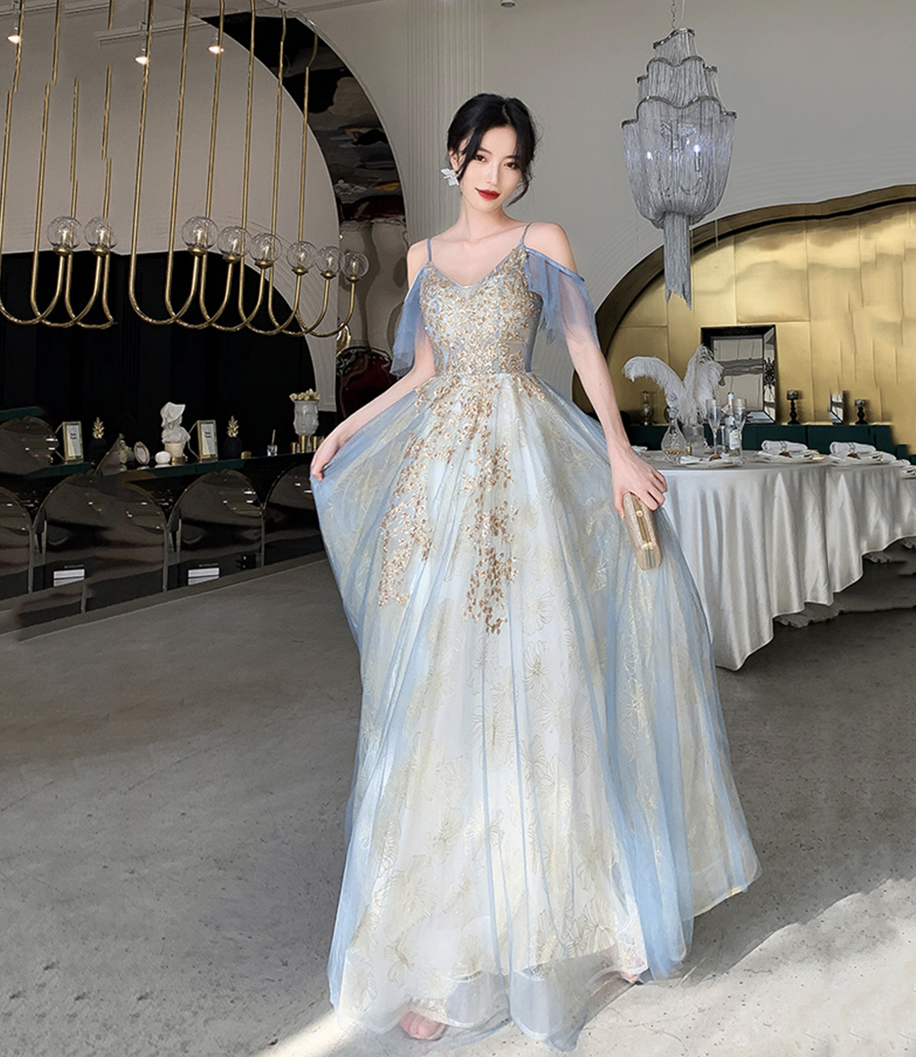 Blue tulle sequins long prom dress evening dress