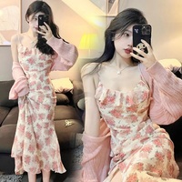 European French Fashion Sexy Sweet Cute Girl Women Elegant Classic Flower Floral Pink Sweater Knit Cardigan Long Layered Strap Dress Set - Thumbnail 2