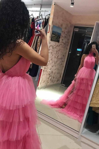 SP2089,High neck pink tulle prom dresses,open back tiered layers long evening dress