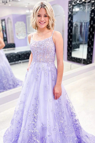 SP2093,Charming A-Line Lace Appliques Spaghetti Straps Lilac Prom Dresses