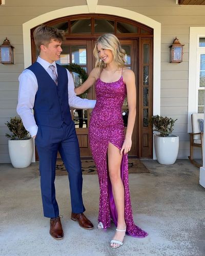 Charming Mermaid Scoop Neck Sequins Long Prom Dresses with Side Slit
