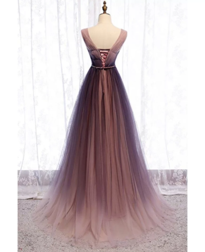 Deep V neck Pleated Purple Tulle Formal Prom Dress Flowing,846