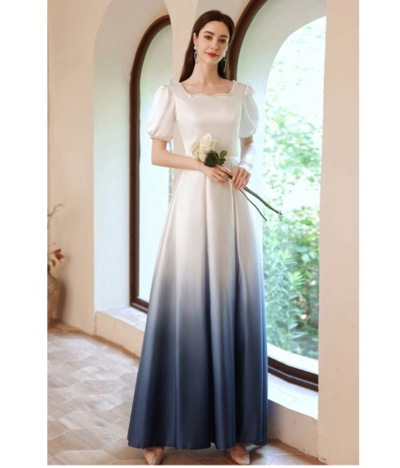 Ombre Blue And White Pleated Aline Prom Dress with Square Neckline,847