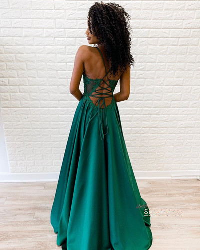 A Line Lace-Up Emerald Green Prom Dress with Slit,850