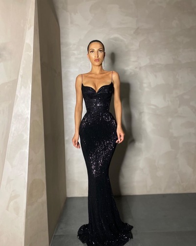Glitter Mermaid Sweetheart Black Sequin Long Prom Evening Dresses,852